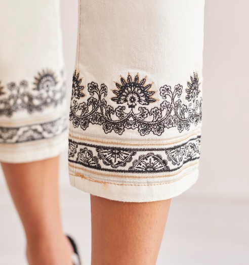 Audrey Cropped Pant with Embroidered Bottom