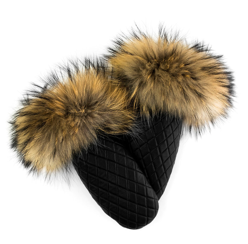 Quilted Leather Mittens with Fur Trim