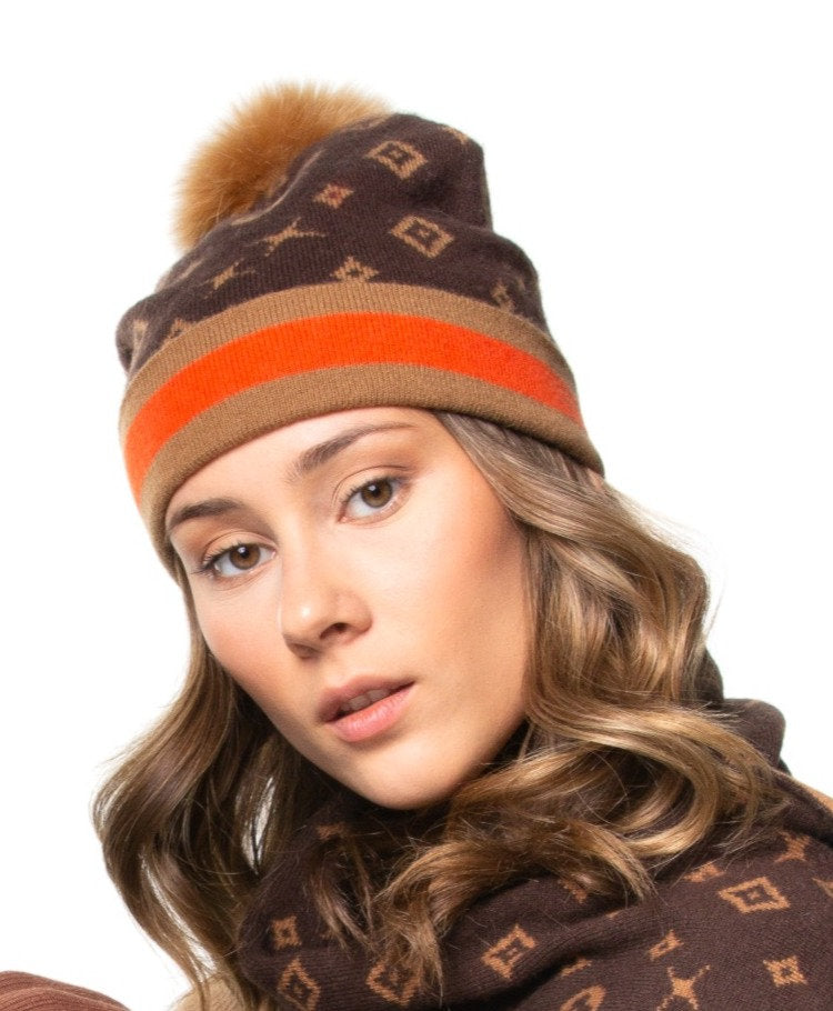 Monogram Pattern Brown Knit Hat with Fox Pom – The Sweetwater Co.