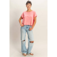 Acid Washed Cross Detail Open Back Top: TAFFY PINK