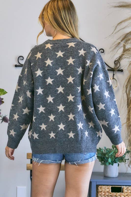 Plus Size Star Patterned Crew Neck Sweater