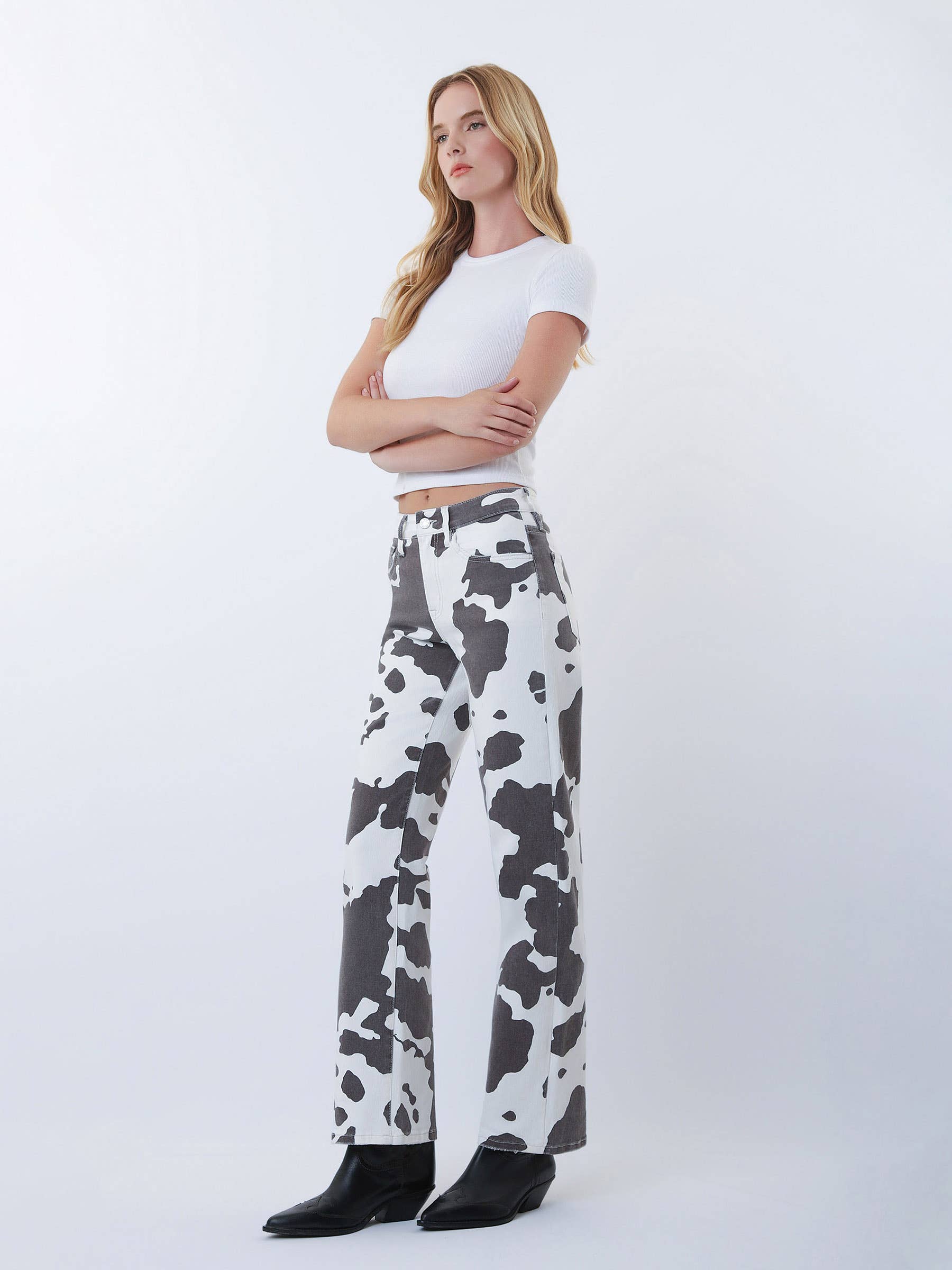 HIGH RISE FULL LENGTH COW PRINT WIDE JEANS