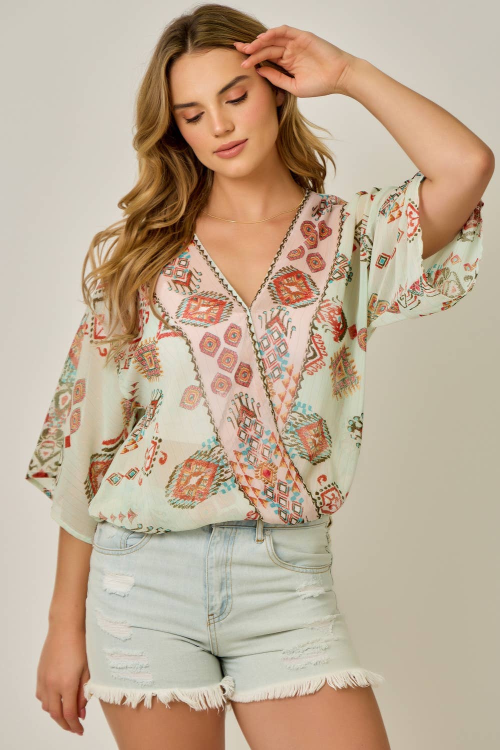 Printed Front Wrap Kimono Top