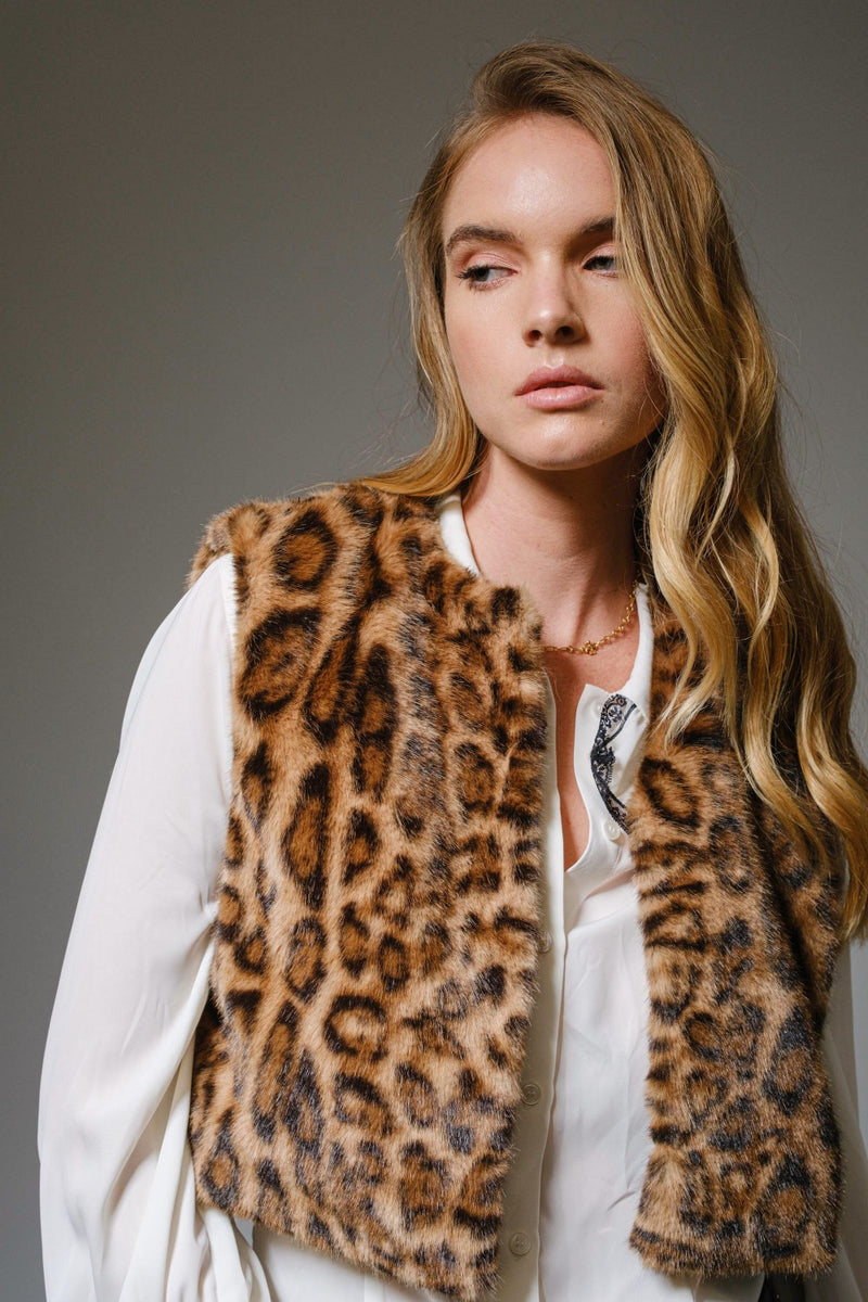 Animal Print Cropped Faux Fur Vest