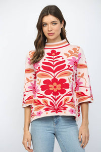 BOLD FLORAL PATTERN MOCK NECK SWEATER