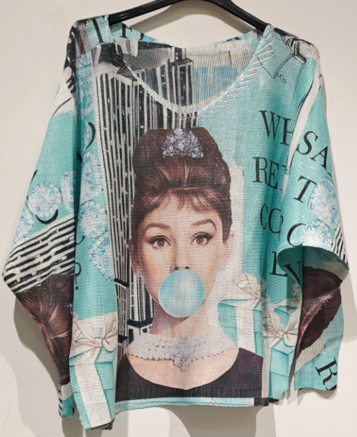 Blue Bubble Gum V-Neck Knit Printed Sweater