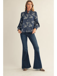 Floral Shirt with Ruffle Neckline
