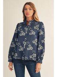 Floral Shirt with Ruffle Neckline