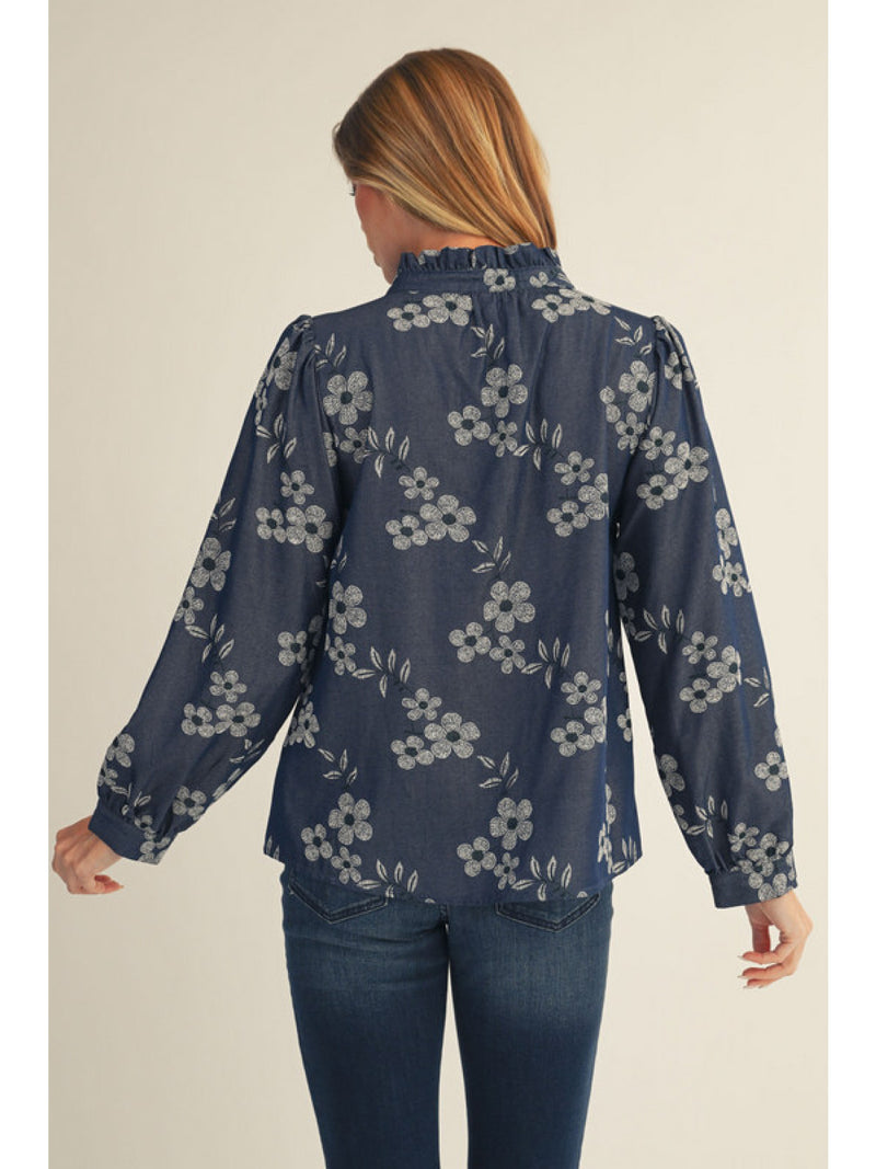 Floral Shirt with Ruffle Neckline