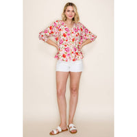 3Q SMOCKED CUFF SLEEVE FLORAL PRINT TOP: FUCHSIA