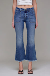 Medium Wash Frayed Hem Cargo Crop Flare