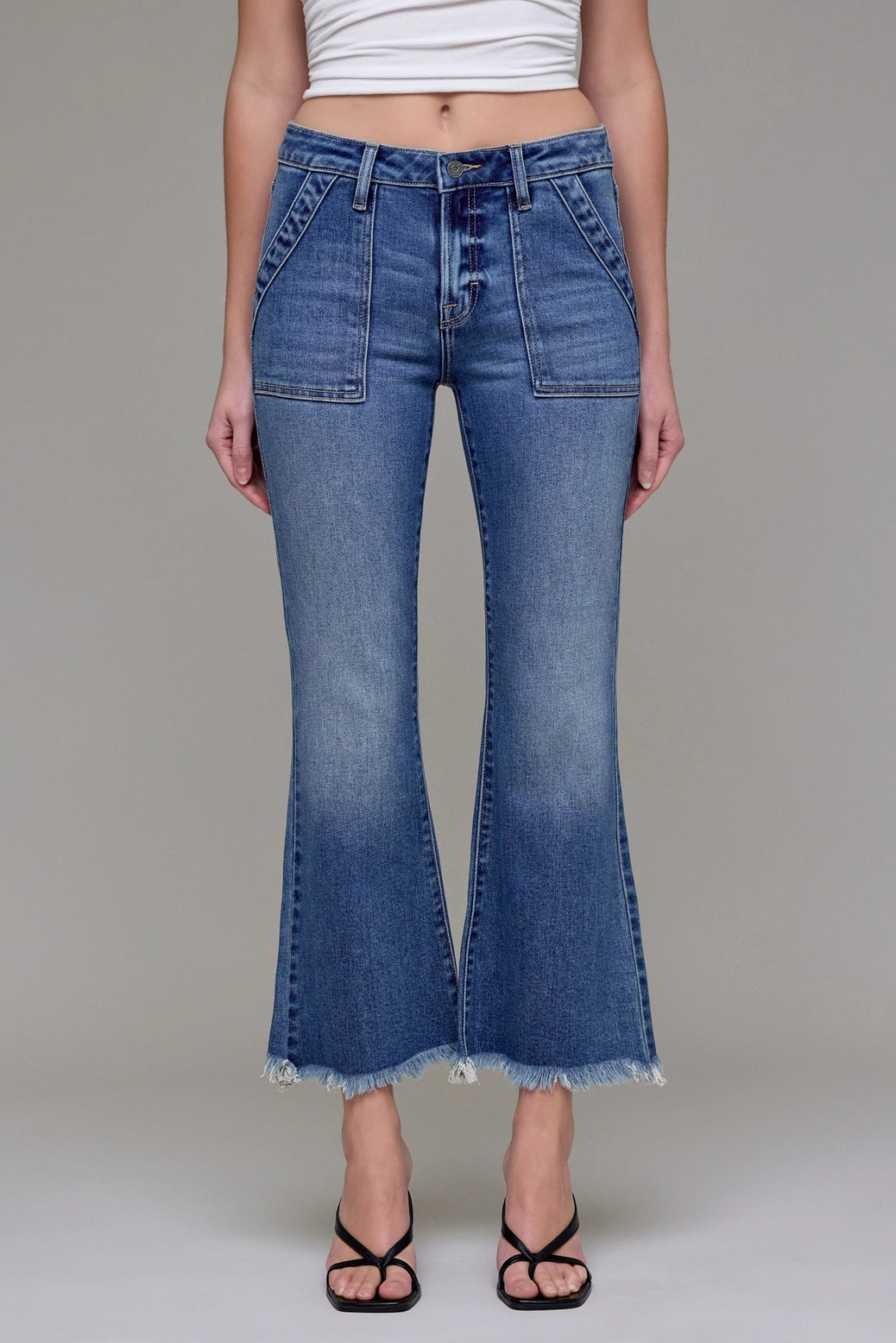 Medium Wash Frayed Hem Cargo Crop Flare