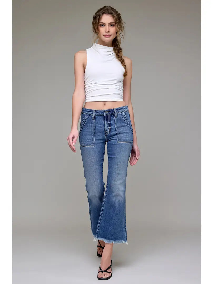 Medium Wash Frayed Hem Cargo Crop Flare