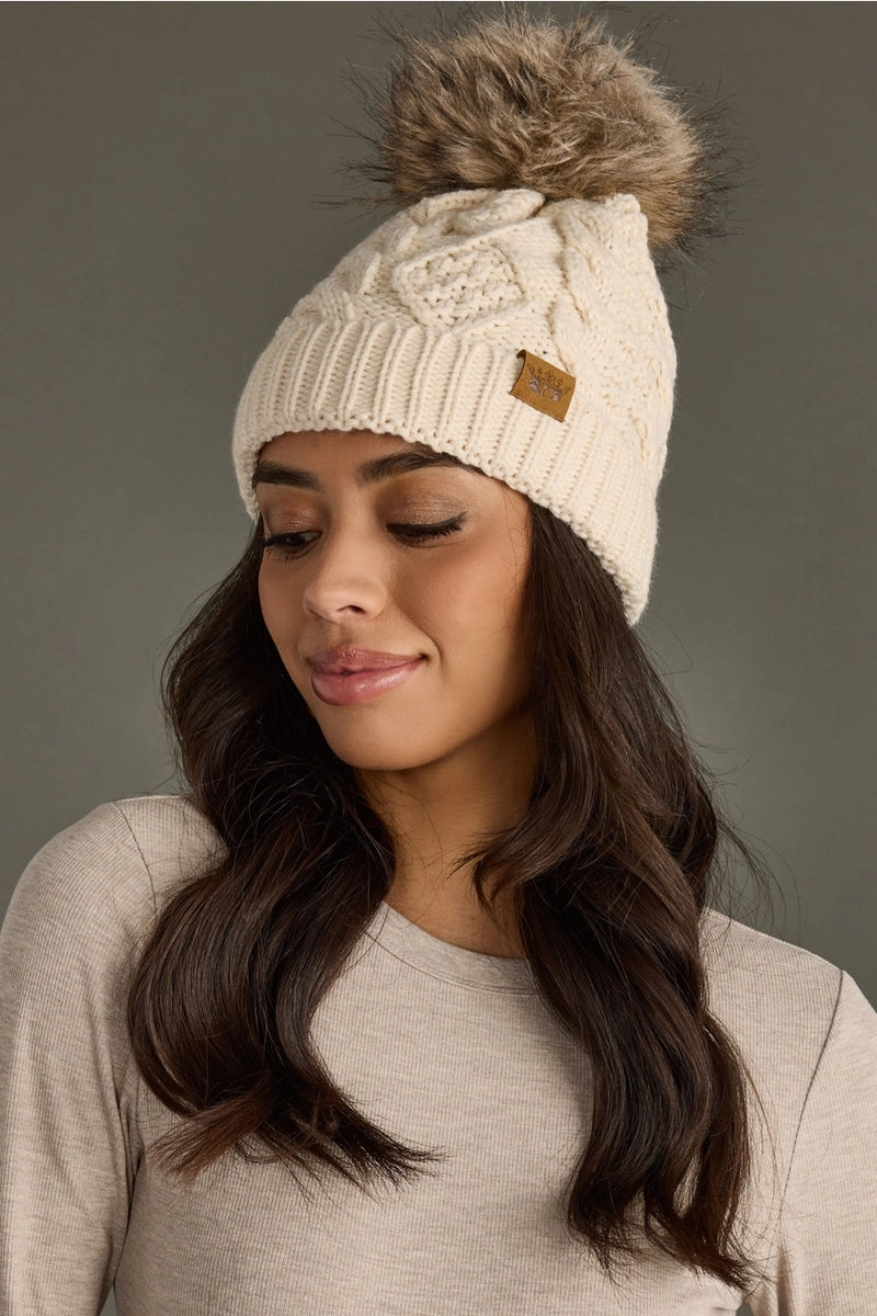 Solid Cable Knit Hat with Pom