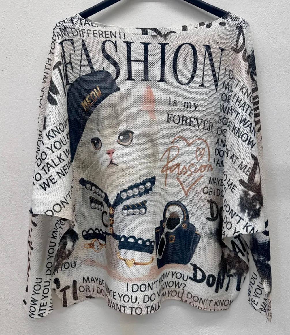 Cute Cat Round Knit Printed Sweater