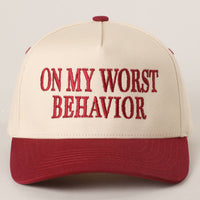 ON MY WORST BEHAVIOR Embroidered Trucker Hat: DENIM / One Size