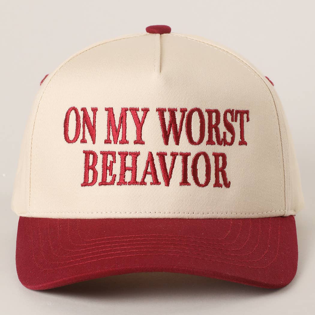 ON MY WORST BEHAVIOR Embroidered Trucker Hat: DENIM / One Size
