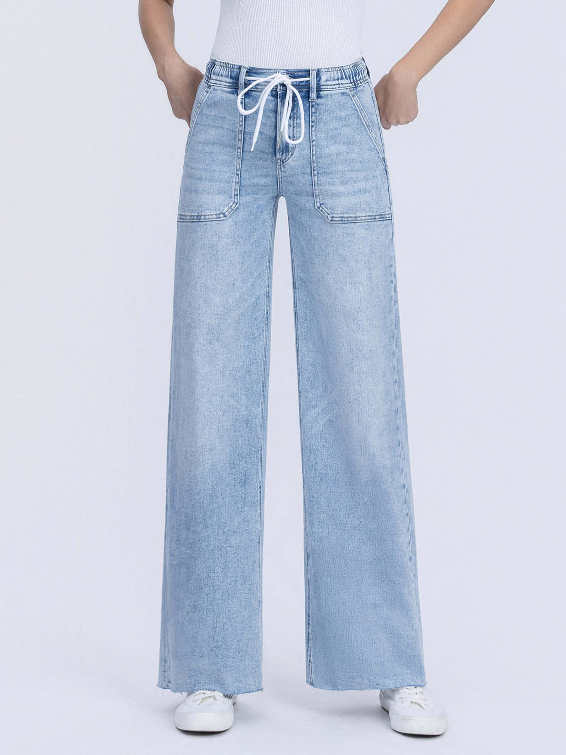 HIGH RISE DRAWSTRING WAISTBAND WIDE LEG JEANS