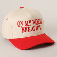 ON MY WORST BEHAVIOR Embroidered Trucker Hat: DENIM / One Size