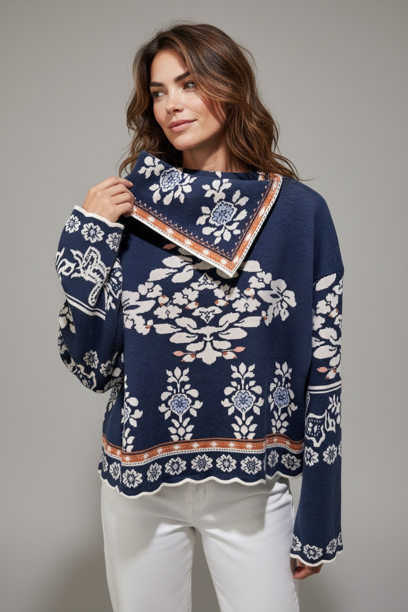 Scarf Neck Print Sweater