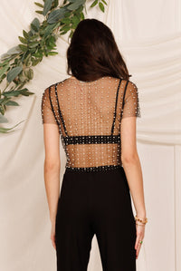 Pearls and Rhinestones Short Sleeve Mesh Top