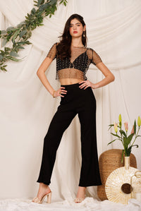 Pearls and Rhinestones Short Sleeve Mesh Top