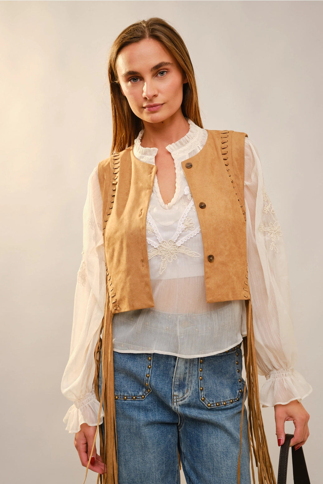 Sueded Cropped Fringe Vest