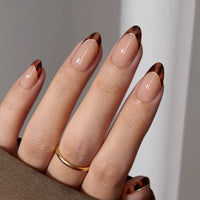 Short Oval French Tip Nails Press On - 30 Stick On Nails Kit: Espresso Leopard
