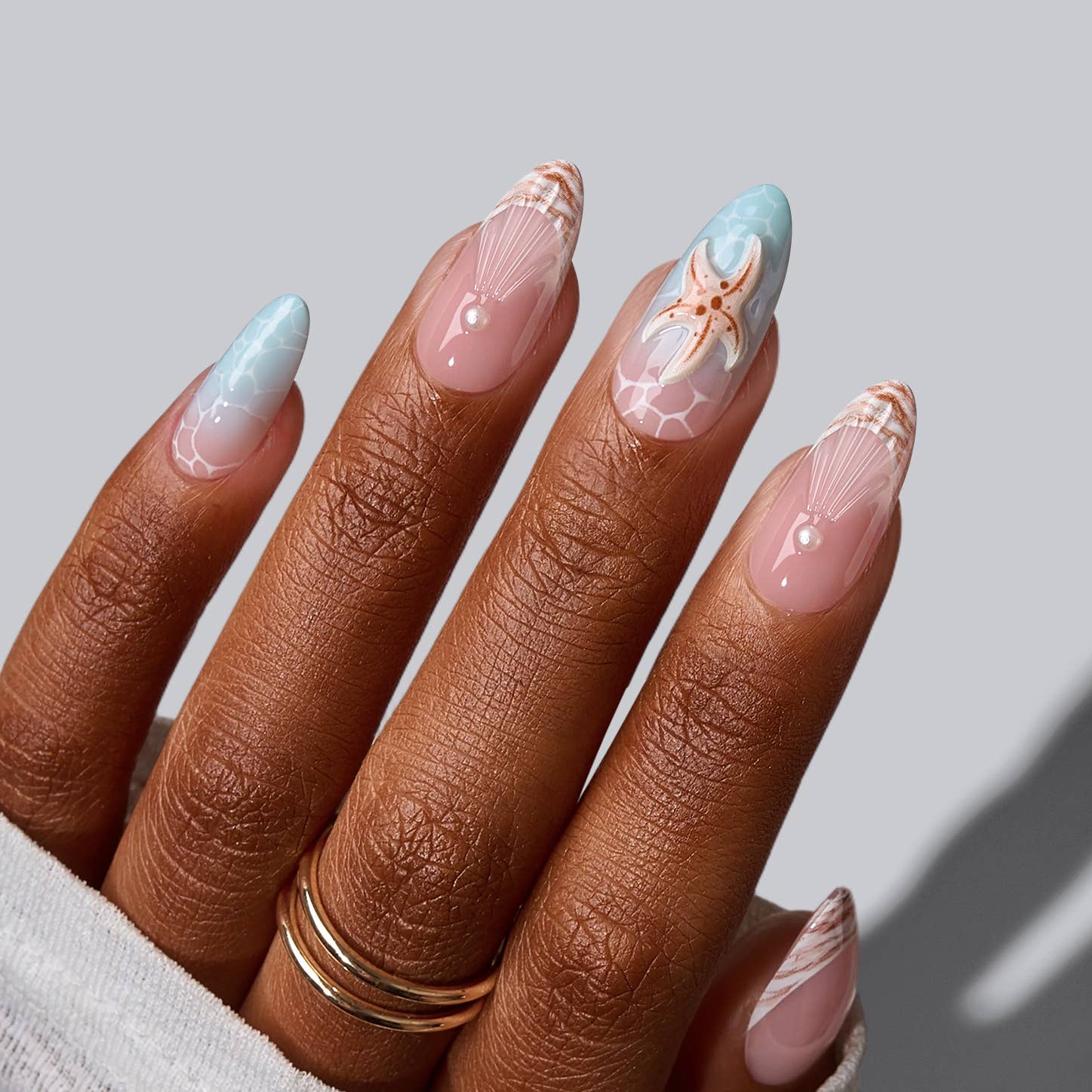 Summer Beach Blue Fake Nails-3D Starfish Shell French Design: Dotted Overalls