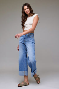 Nori Medium Light Stretch Cuffed High Rise Wide Leg