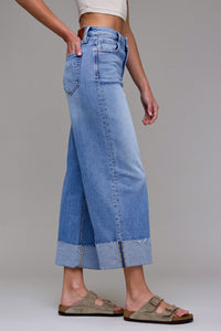 Nori Medium Light Stretch Cuffed High Rise Wide Leg