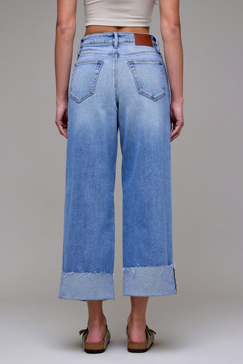 Nori Medium Light Stretch Cuffed High Rise Wide Leg