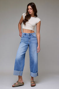 Nori Medium Light Stretch Cuffed High Rise Wide Leg