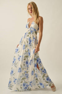 Floral-Print Crepe Halter Tie-Back High-Waist Maxi Dress