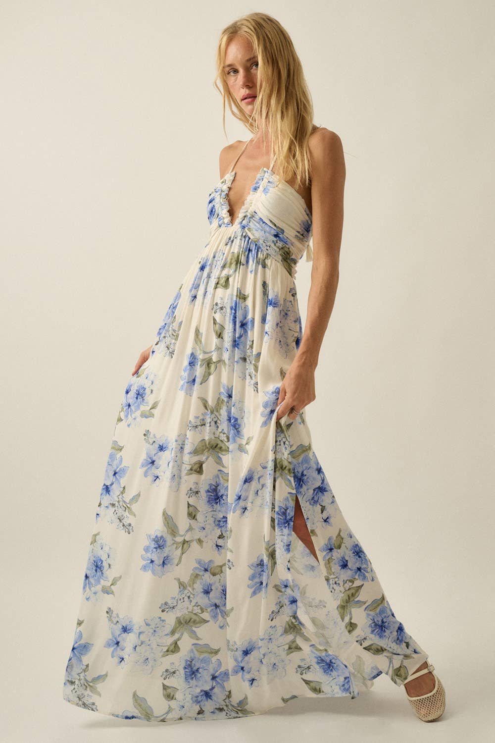 Floral-Print Crepe Halter Tie-Back High-Waist Maxi Dress