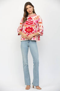 BOLD FLORAL PATTERN MOCK NECK SWEATER