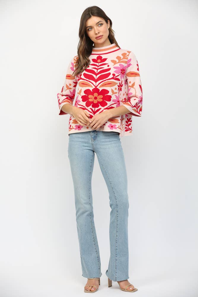 BOLD FLORAL PATTERN MOCK NECK SWEATER