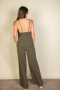 Spaghetti strap solid wide jumpsuit: Olive