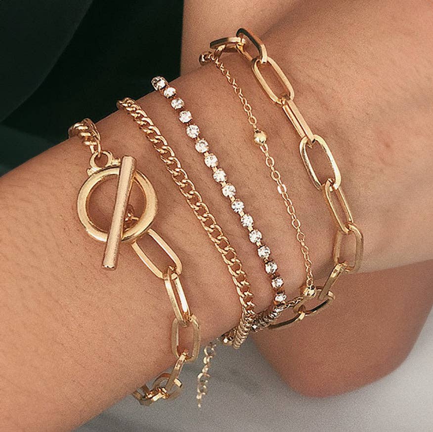 Layered Metal Paperclip Chain Bracelet Set