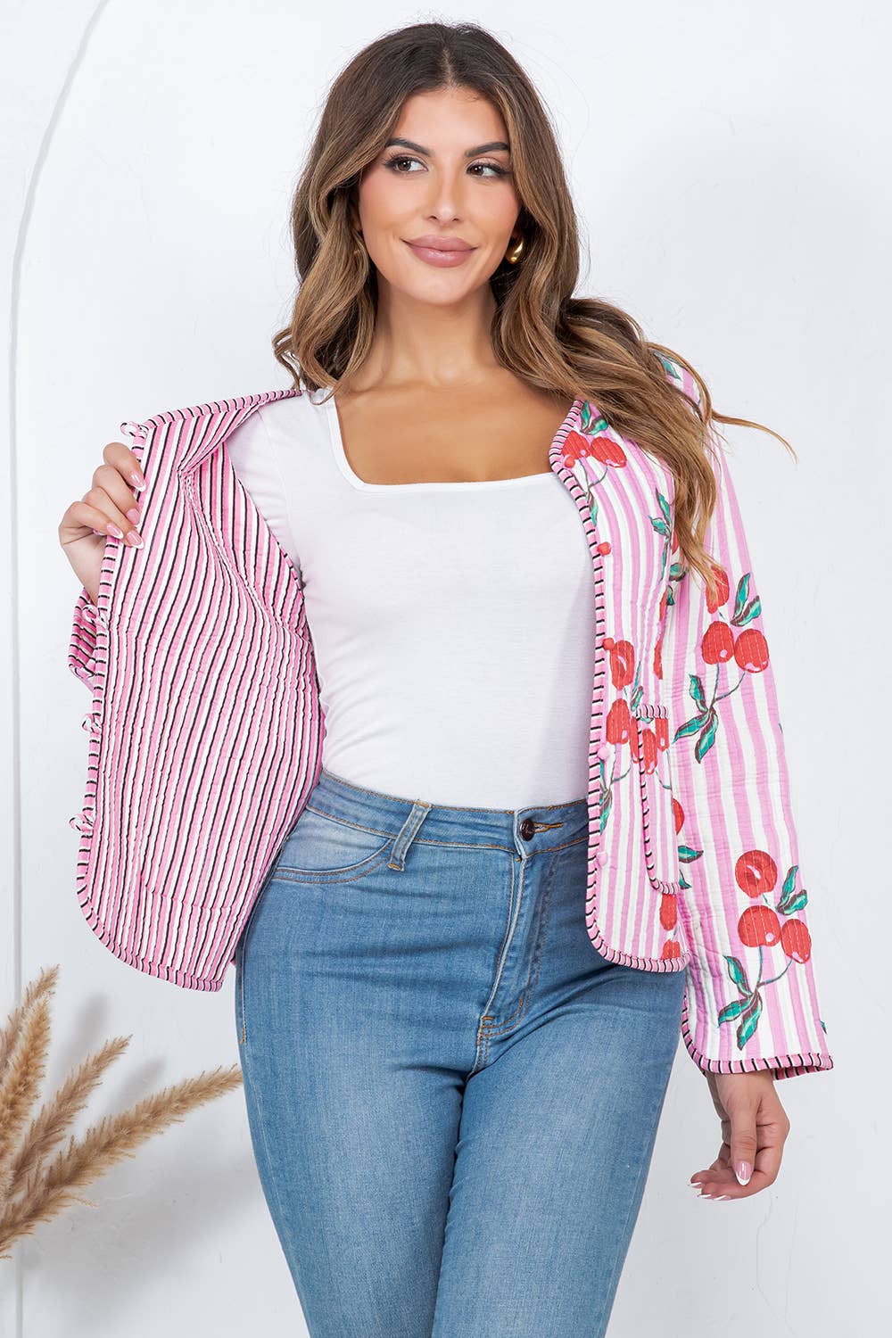 Cherry Print Reversible Quilted Cotton Jacket: S