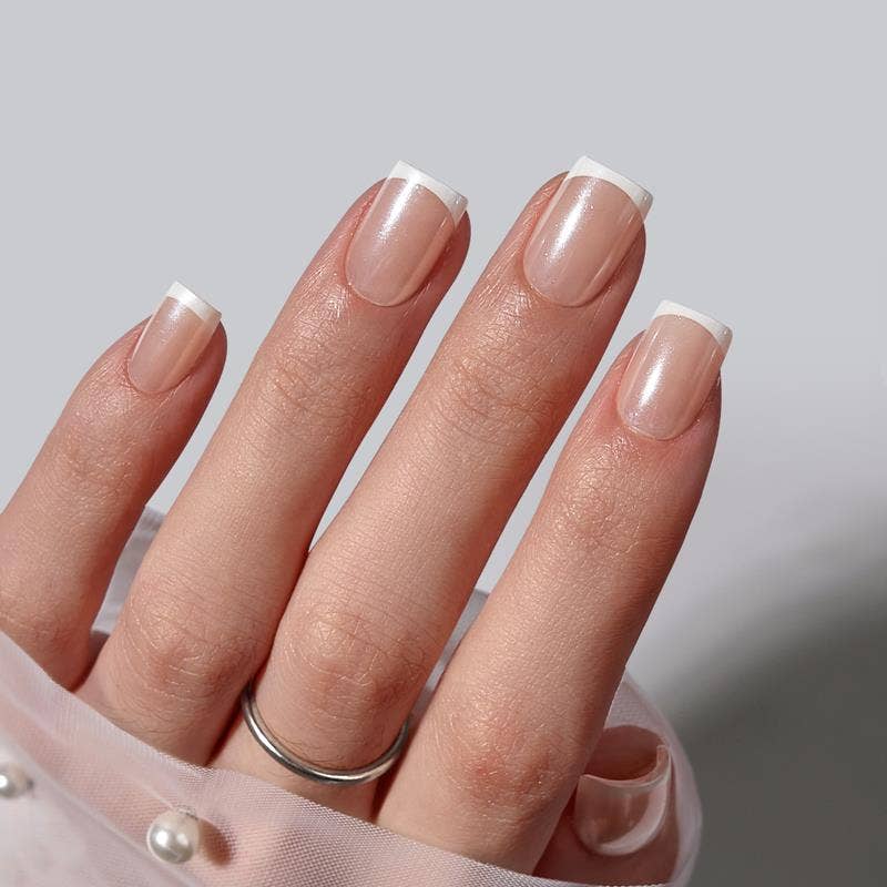 Chrome French Tip Press On Nails- BTARTBOX Square Fake Nails: Evening Attire