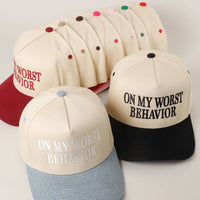 ON MY WORST BEHAVIOR Embroidered Trucker Hat: DENIM / One Size