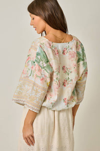 Border Print Front Wrap Kimono Top