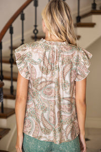 Pleated Sleeve Tie Front Paisley Print Top
