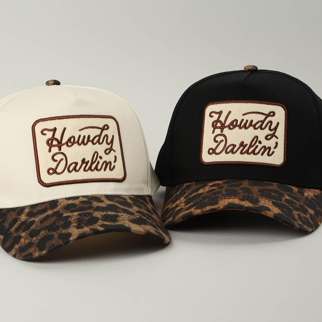 Howdy Darlin' Embroidered Leopard Brim Trucker Hat: BEIGE / ONE SIZE