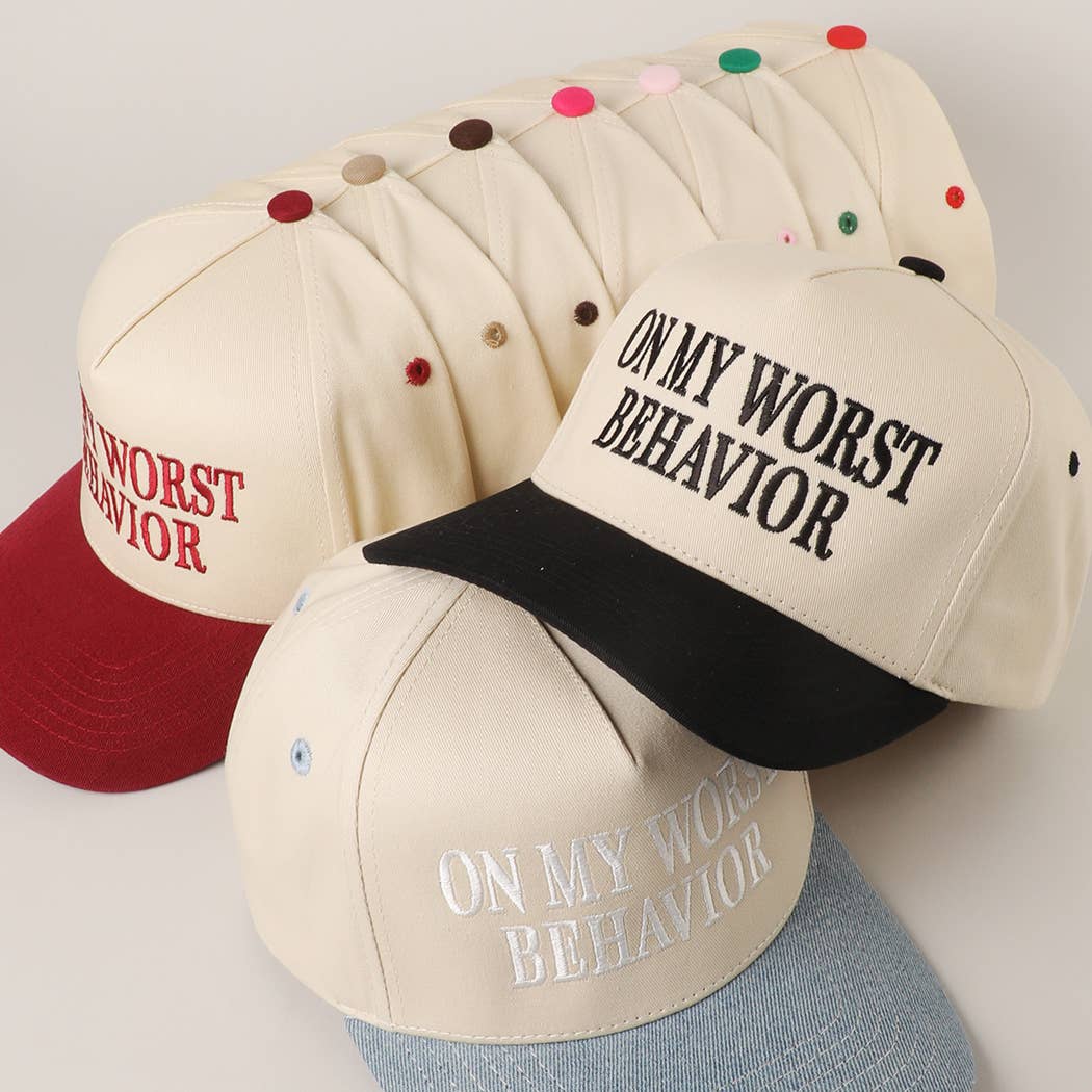 ON MY WORST BEHAVIOR Embroidered Trucker Hat: DENIM / One Size