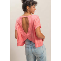 Acid Washed Cross Detail Open Back Top: TAFFY PINK