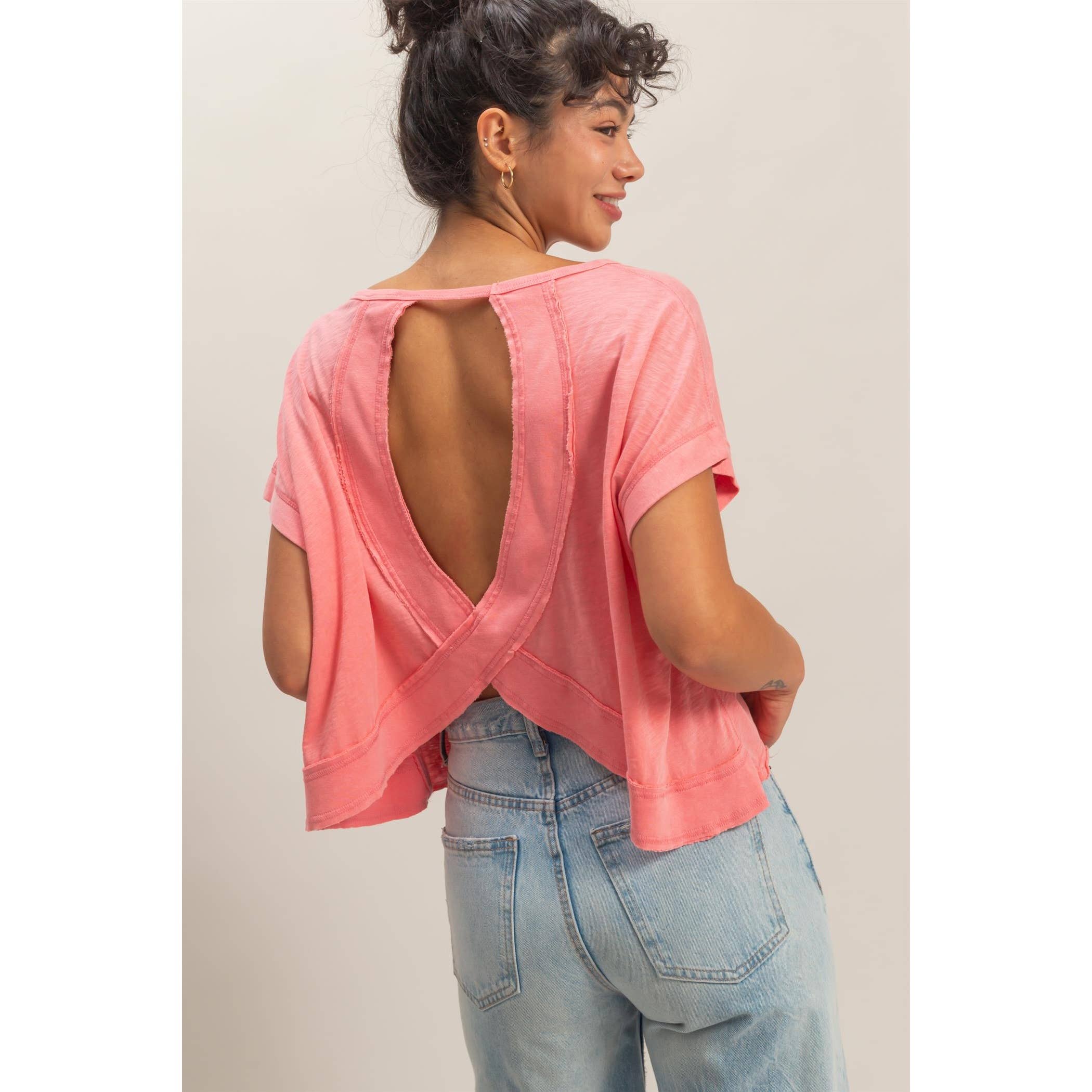 Acid Washed Cross Detail Open Back Top: TAFFY PINK