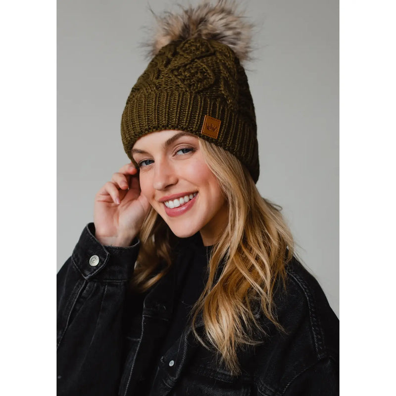 Solid Cable Knit Hat with Pom