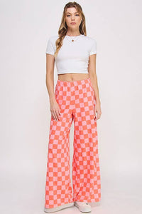 HIGH WAIST CHECKERED STRAIGHT LEG KNIT PANTS: RED/PINK